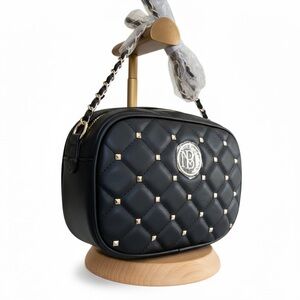 NWT Badgley Mischka Black Quilted Camera Bag Gold Studs Vegan Leather Crossbody